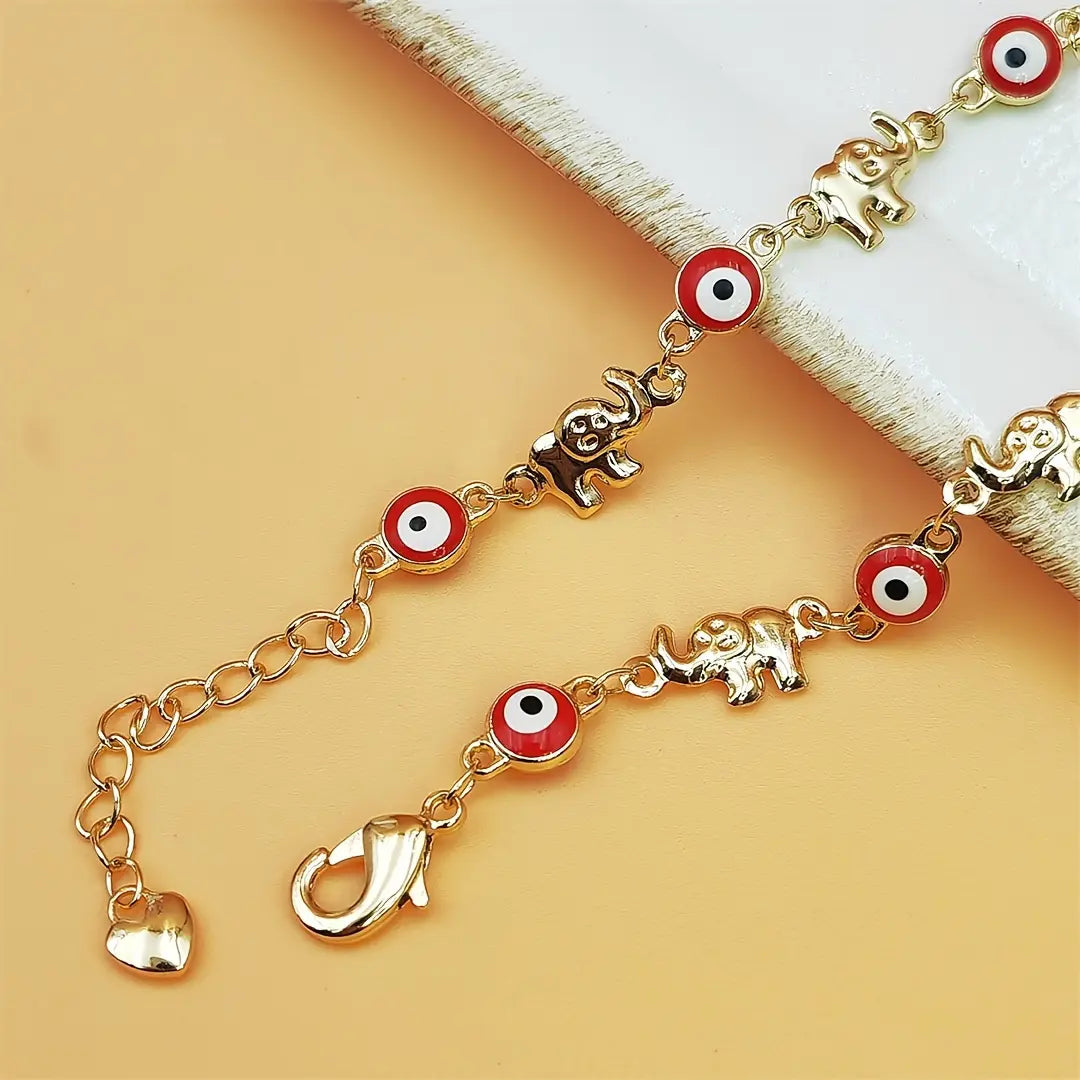 Women's Ethnic Sports Wristband - Fashion Accessories Metal Link Bracelet, Decor Bracelet with Adjustable Clasp Gold Chain, Bohemian Red-Eye Elephant Charm, Jewelry for Everyday Outfits