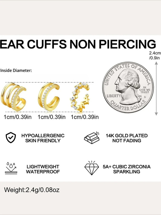 Ear Cuffs Non-Piercing Artificial Zircon Earrings for Women Non Pierced Earrings Cute Small Clip-On Cartilage Earring Gold Plated Dainty Fake Piercings Earings Earrings Set Ear Accessories