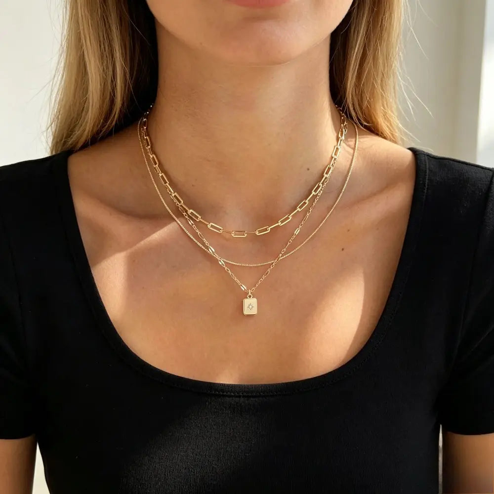 Women's 3-Piece Grid Paperclip Box Chain Necklaces Set for Leisure Indoor Recreation - Minimalist Rectangle Pendant with Sparkling Star Artificial Zircon, Layering Ready, Comfortable Fit, Daily Wear Jewelry