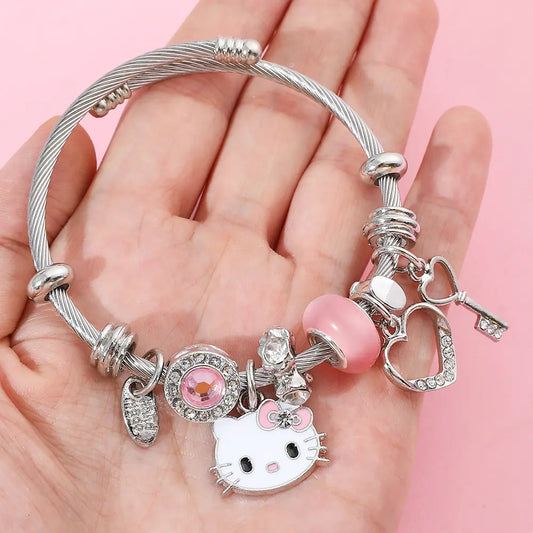 Sanrio Hello Kitty Charm Bracelet with Heart Key & Pink Bead Accents Adjustable Fit Sparkling Design for Sanrio Fans