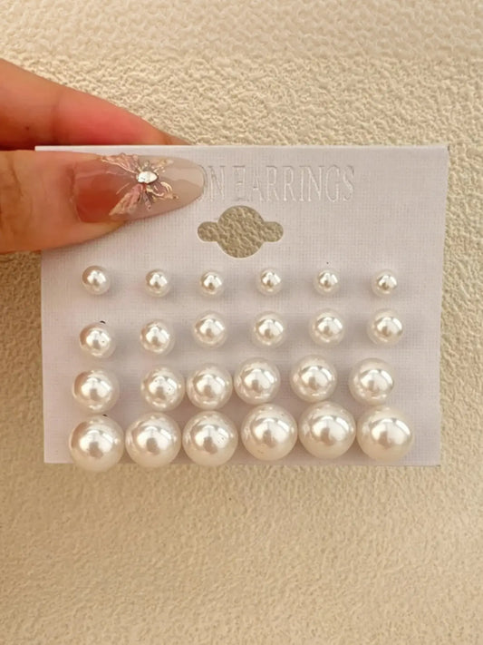 12 Pairs/24 Pieces Classic Faux Pearl Zircon Pearls Earrings Set, Mixed Sizes Elegant Ear Jewelry Combo, Women's Daily Minimalist Gift