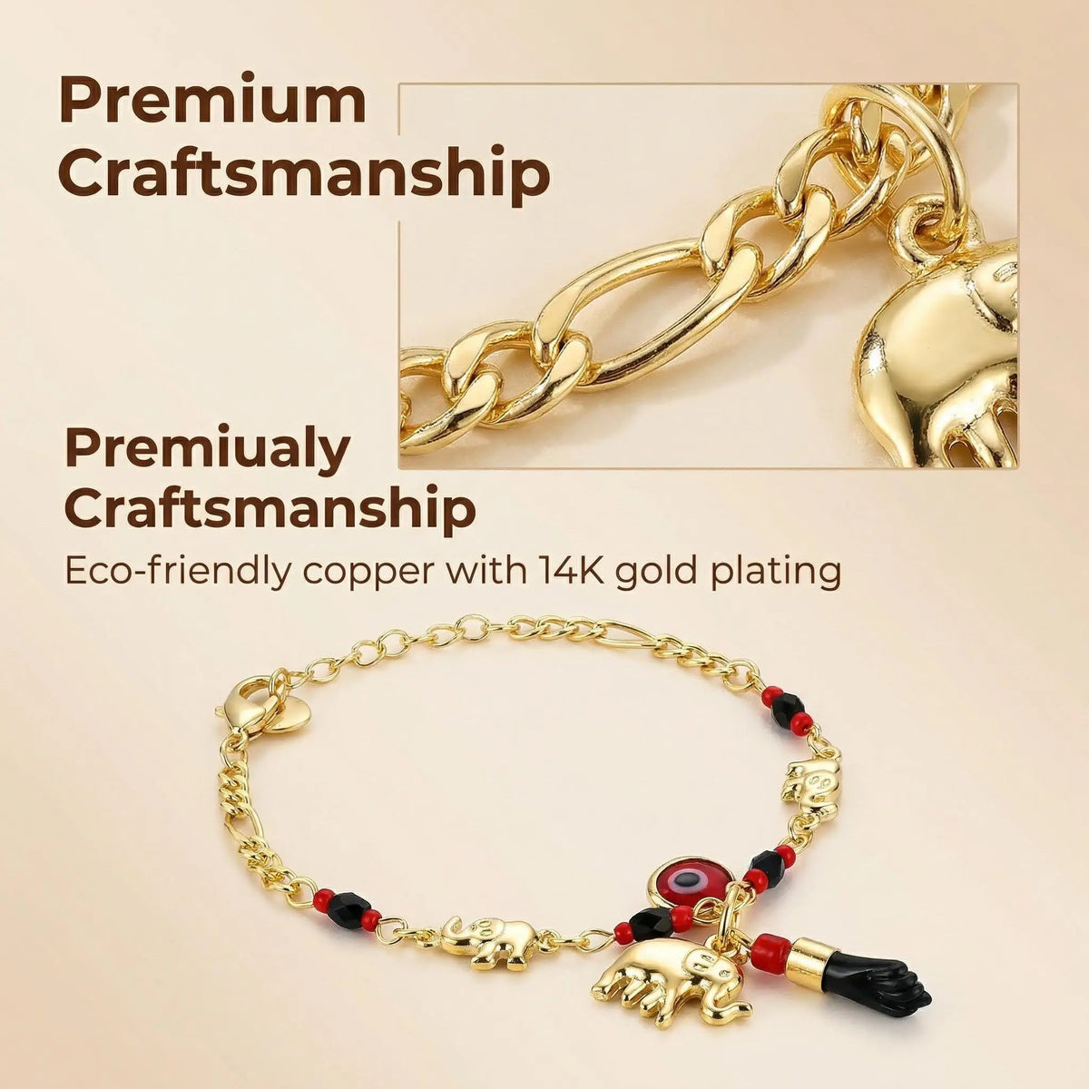Trendytry 14K Real Gold Plated Elephant Evil Eye Bracelet - Adjustable Hypoallergenic Bohemian Guardian Gold Bracelets for Women, Animal Shaped Collectible Jewelry Charms, Arm Candy Accessories Adults