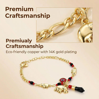 Trendytry 14K Real Gold Plated Elephant Evil Eye Bracelet - Adjustable Hypoallergenic Bohemian Guardian Gold Bracelets for Women, Animal Shaped Collectible Jewelry Charms, Arm Candy Accessories Adults