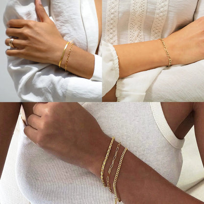 TEWIKY Women's 5-Piece Thin Dainty Gold Aesthetic Bracelet Stack Set, Chain Styles Including Paperclip, Cuban Link & Greenish Beads, Adjustable 6.5in Metal Coating Jewelry for Everyday Wear, Casual, Stackable Sets