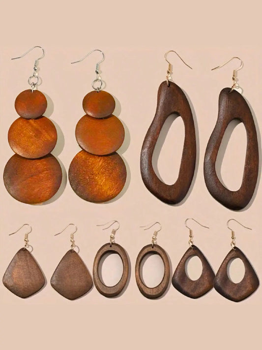 Wooden Dangle Earrings, Crafted From Wood Boho Style Hollow Out Geometric Design Earrings, Fashion Jewelry Accessories for Women & Girls, Unique Design Earrings, Earrings Set