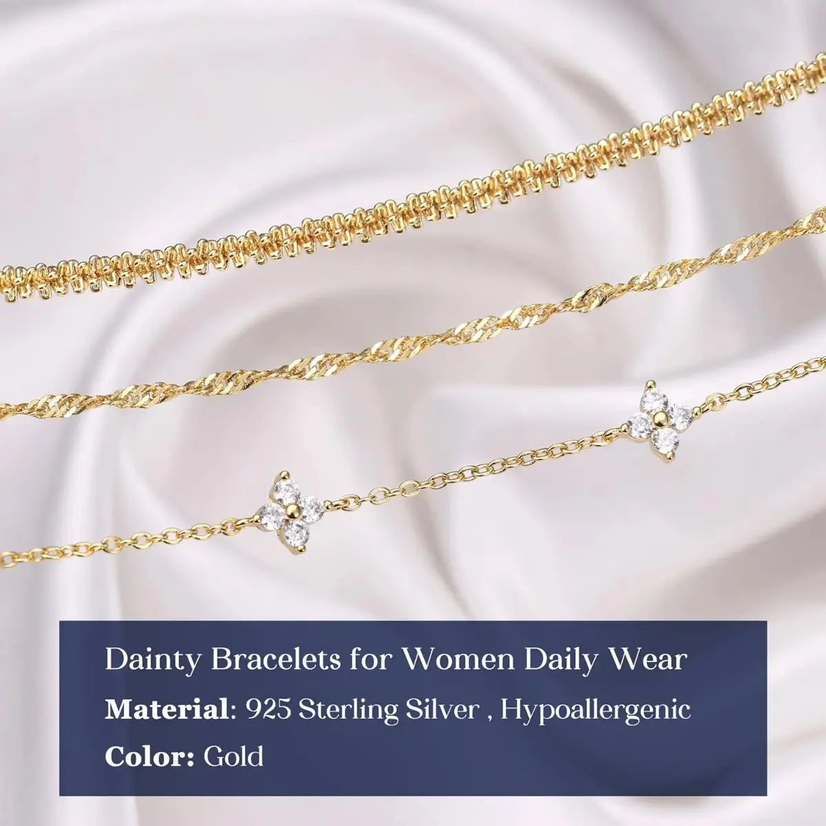 Women's 3pc Adjustable Bracelets Set - 14K Gold-Plated & Silver-Tone Layered Link Chains with Zirconia Beads, 7.9in Classic Exquisite Fashion Wrist Jewelry for Daily Stacking, Jewelry for Women