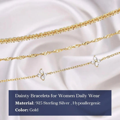 Women's 3pc Adjustable Bracelets Set - 14K Gold-Plated & Silver-Tone Layered Link Chains with Zirconia Beads, 7.9in Classic Exquisite Fashion Wrist Jewelry for Daily Stacking, Jewelry for Women