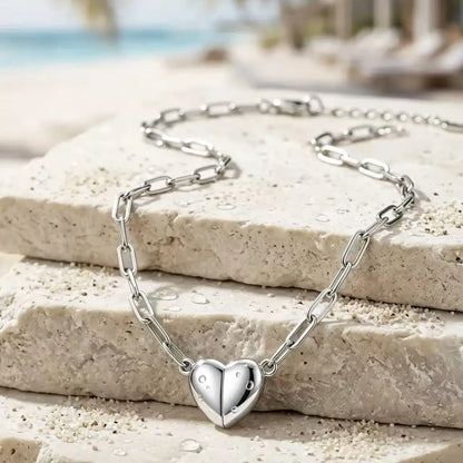 Gold Heart Necklace for Women 3D Puffy Love Pendant Stainless Steel Paperclip Link Chain Minimalist Layering Aesthetic Trendy Jewelry Gift