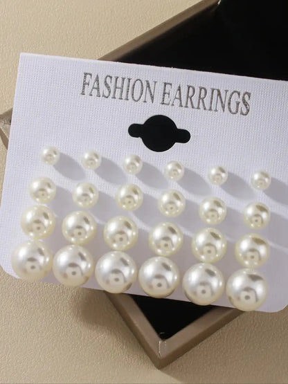 12 Pairs/24 Pieces Classic Faux Pearl Zircon Pearls Earrings Set, Mixed Sizes Elegant Ear Jewelry Combo, Women's Daily Minimalist Gift