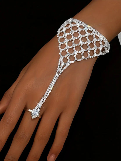 Elegant Grid Rhinestone Interlocking Bracelet, Simple Style Women's Party Vacation Design, Fashionable and Unique Hand Jewelry, Rhinestone Decorated Bangle, Rhinestone Bangle Bracelet, Elegant Fashion Accessories