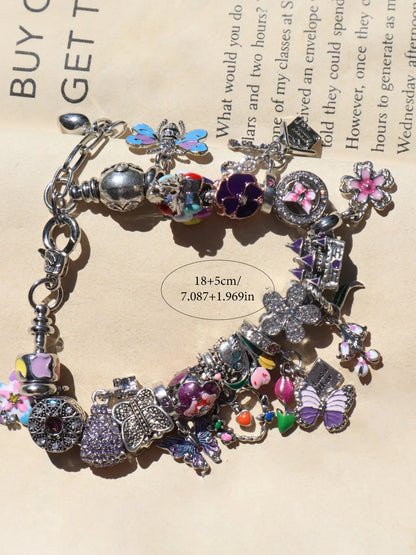Vintage Flower Charm Bracelet, Cherry Blossom Bracelet, Tulip Flower Bracelet, Vintage Butterfly Bracelet, Vacation Style Bracelet, Floral Charm Bracelets