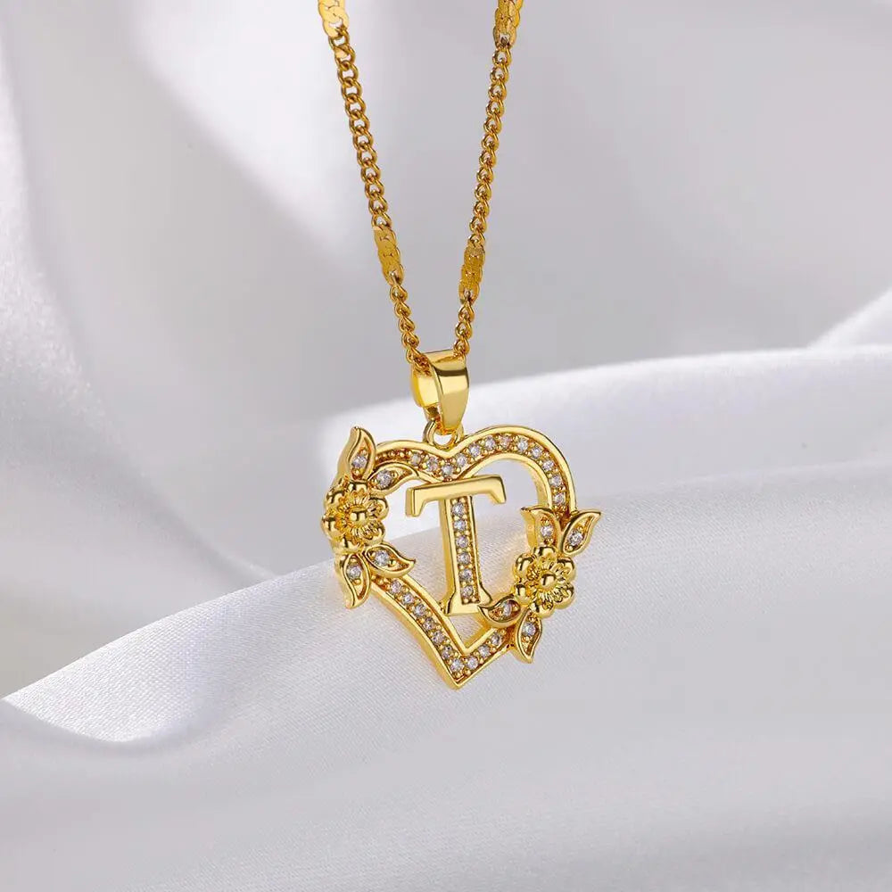 New Fashion Letter Detail Heart Shaped Pendant Necklace, Love Necklace for Women for Summer, Rhinestone & Flower Decor Stainless Steel Matching Necklace Jewelry, Girl's Temperament Cloths Accessory for Daily Wear