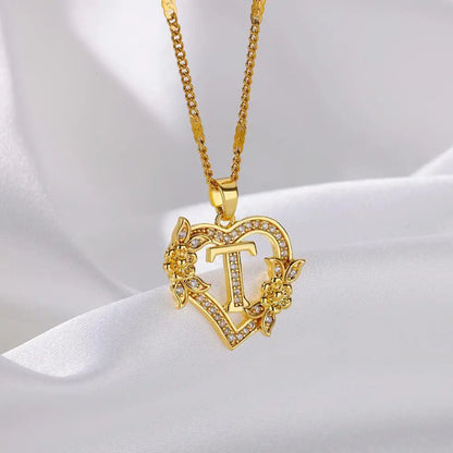 New Fashion Letter Detail Heart Shaped Pendant Necklace, Love Necklace for Women for Summer, Rhinestone & Flower Decor Stainless Steel Matching Necklace Jewelry, Girl's Temperament Cloths Accessory for Daily Wear