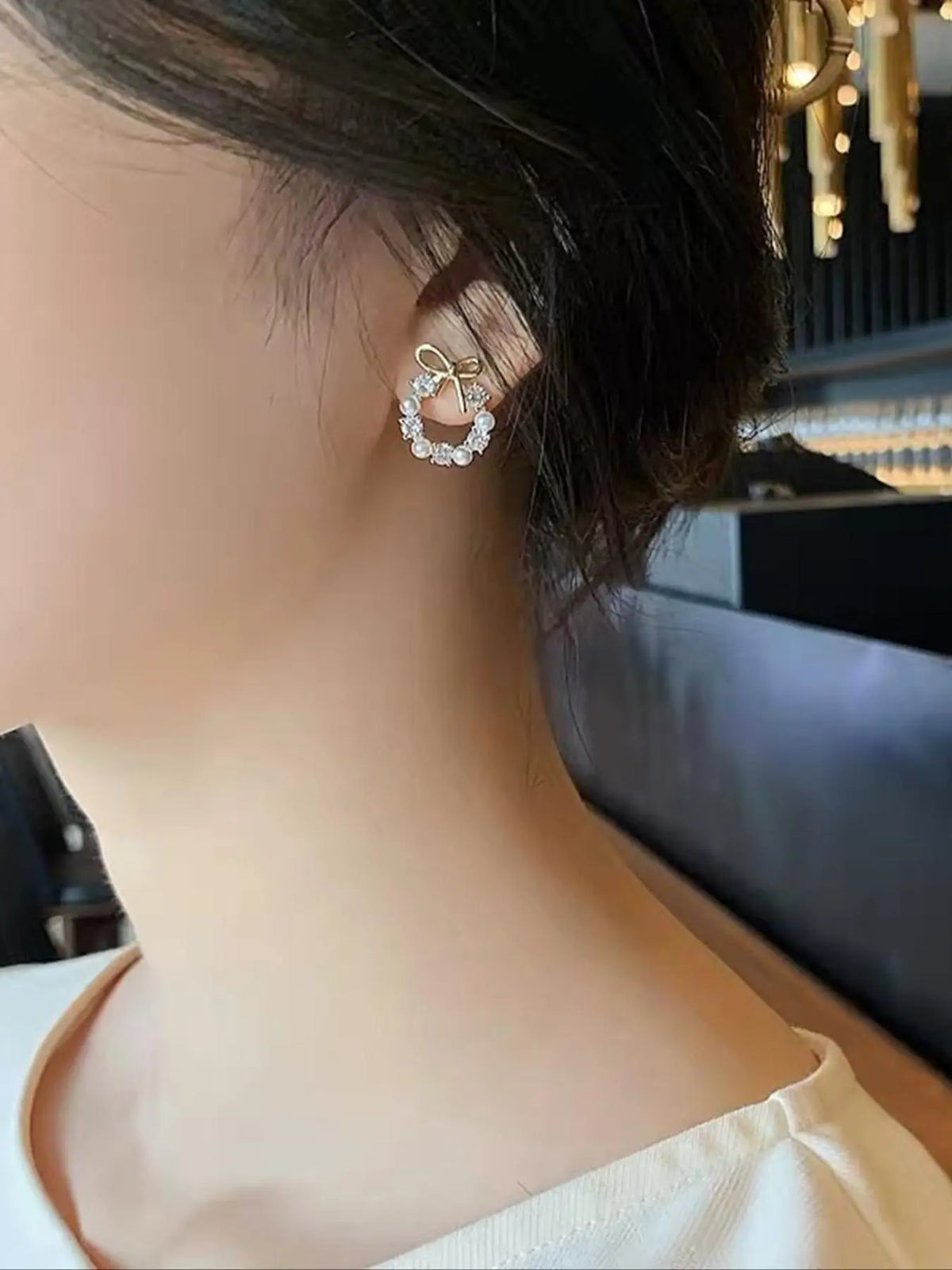 Faux Pearl & Rhinestone Decorated Bow Design Stud Earrings (1 Pair), High Quality Earrings, Elegant Cute Jewelry for Party, Daily Clothing Decor for Girl, Trendy All-match & Exquisite Jewelry for Birthday Gift, Zircon Stud Earrings