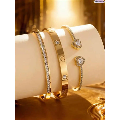 Women's 3PC Heart Bangle Bracelet Set - 18K Gold Plated Sparkly Zirconia Open Cuffs, Jewelry for Women, Stainless Steel Bracelet Stack, Arm Candy Accessories, Daily Girly Items, Ideal Gift for Date Night