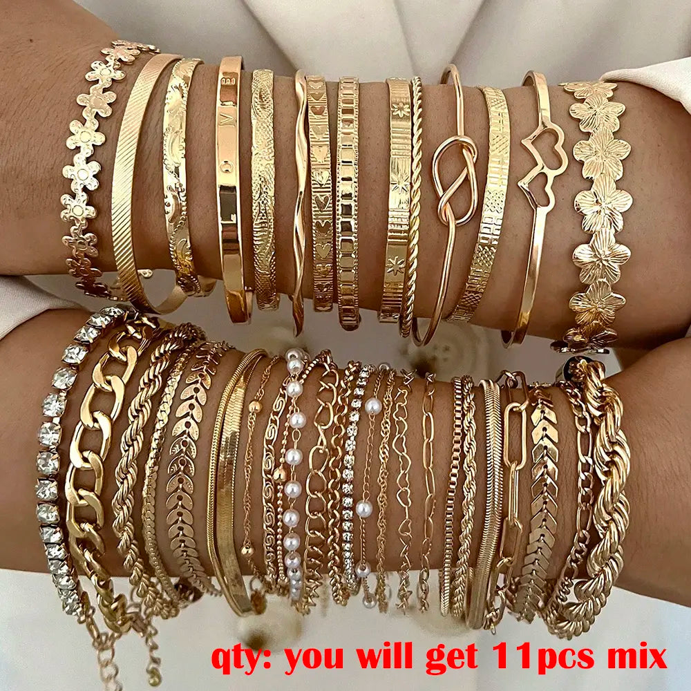 Women's Vintage Geometric Stacking Bracelets Unisex Jewelry - 5/11/18 Pcs, 11pcs Mix with Braided Pearls, Crystal Beaded Bracelet, Multi-Layered Zinc Alloy Accessories for Daily Casual Wear