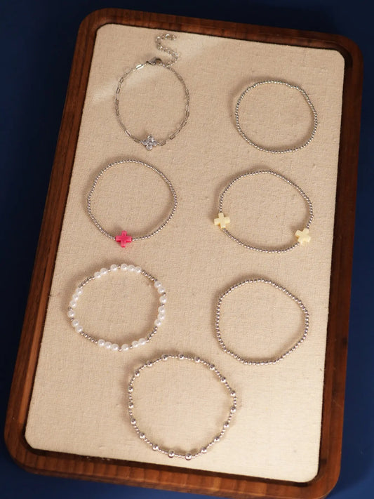 7-Piece Women's Stacking Layered Bracelet Set, Stackable Bracelet, Beaded Bracelet Set, Bead and Imitation Pearl, Cross and Artificial Zircon Four Leaf Clover Accessories, Jewelry Accessories, Stacked Design Bracelets