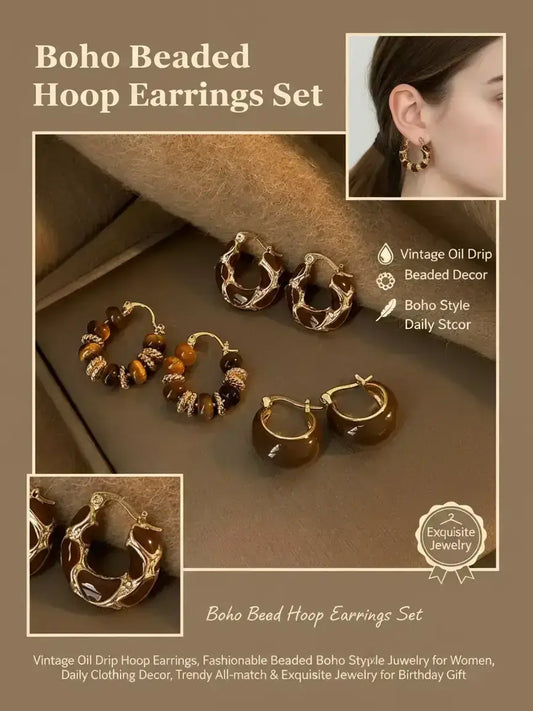 Vintage Oil Drip Hoop Earrings, Fashionable Beaded Decor Jewelry for Women, Daily Clothing Decor, Boho Style Jewelry, Trendy All-match & Exquisite Jewelry for Birthday Gift, Hoop Earring Sets, Hoops Set, Earring Pack