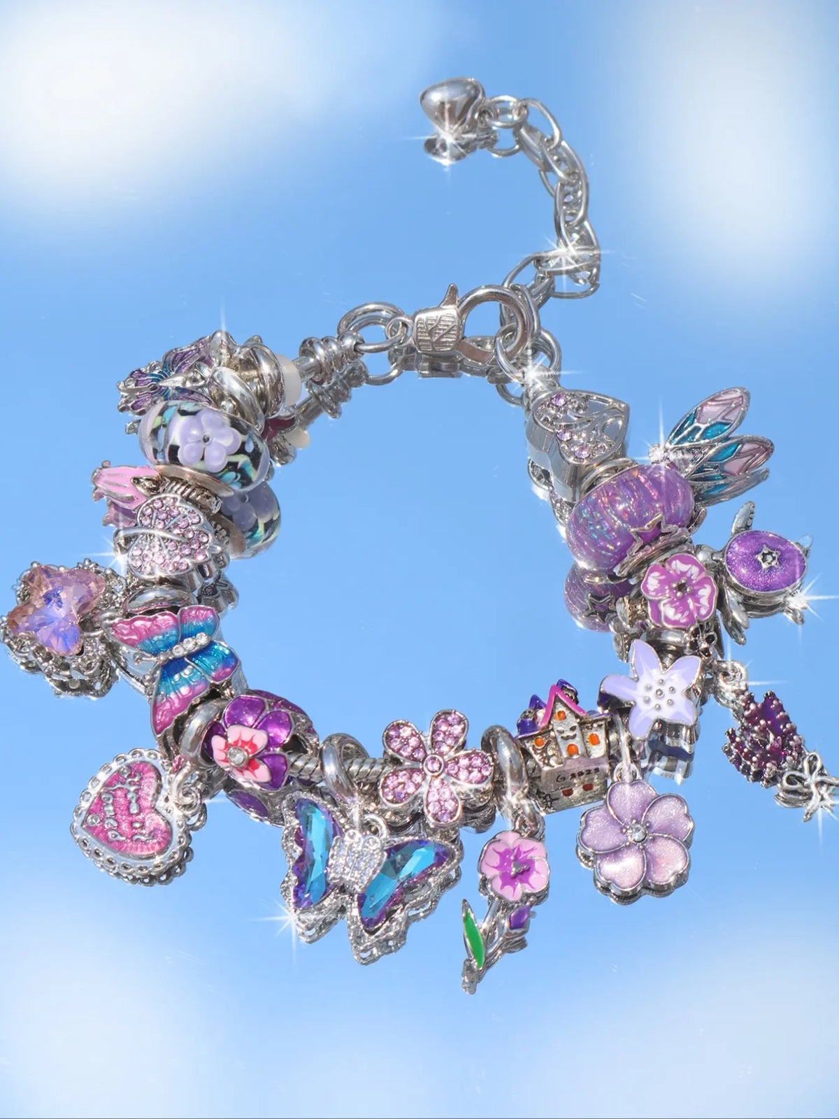 Vintage Flower Charm Bracelet, Cherry Blossom Bracelet, Tulip Flower Bracelet, Vintage Butterfly Bracelet, Vacation Style Bracelet, Floral Charm Bracelets