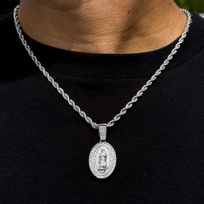 MaxBling81 Women's Gold Religious Motif Oval Iced Cubic Zirconia Charm Pendant Necklace, 4mm Rope Chain (18"-20"-24"), Costume Jewelry, Daily Wear Accessory, Religious Gift, Necklaces