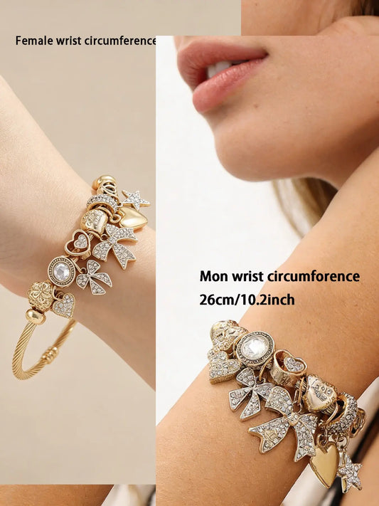 Elegant Women's Stainless Steel Open Bangle Bracelet, Handmade Beaded Rhinestone Butterfly Star Heart Pendant, Exquisite Bracelet, Perfect Gift for Parties