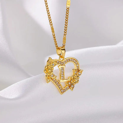 New Fashion Letter Detail Heart Shaped Pendant Necklace, Love Necklace for Women for Summer, Rhinestone & Flower Decor Stainless Steel Matching Necklace Jewelry, Girl's Temperament Cloths Accessory for Daily Wear