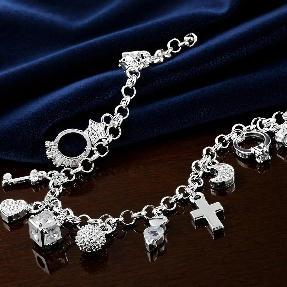 Women’s 925 Sterling Silver Bohemian charm bracelet with heart key pendant and 13 charms, sparkling statement jewelry, romantic gift for wife or girlfriend