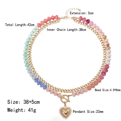 Women's dopamine double-layer colored bead heart-shaped necklace, adjustable layered collarbone chain, women's fashionable jewelry necklace