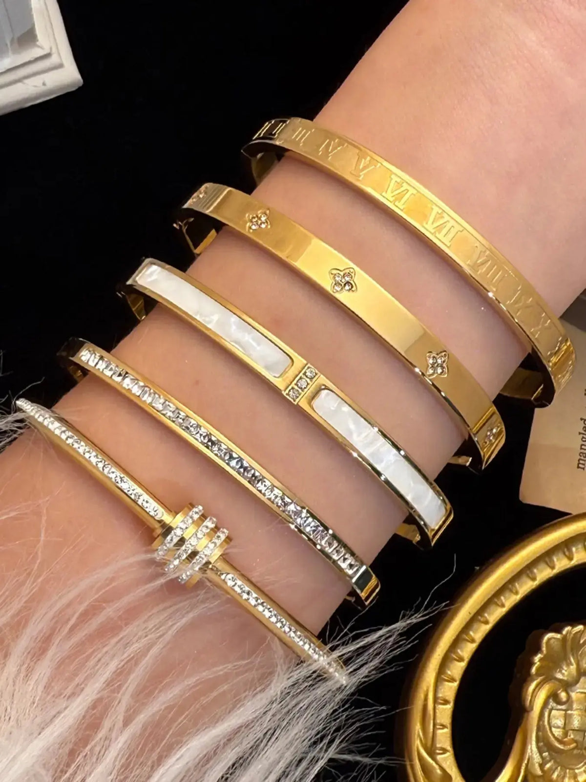 5-Piece Waterproof Titanium Steel Bracelet Set, Rhinestone Star Design, Unisex Jewelry, Stackable, Elegant, High Quality, Fashion Bracelets, Stackable Bangle Bracelets