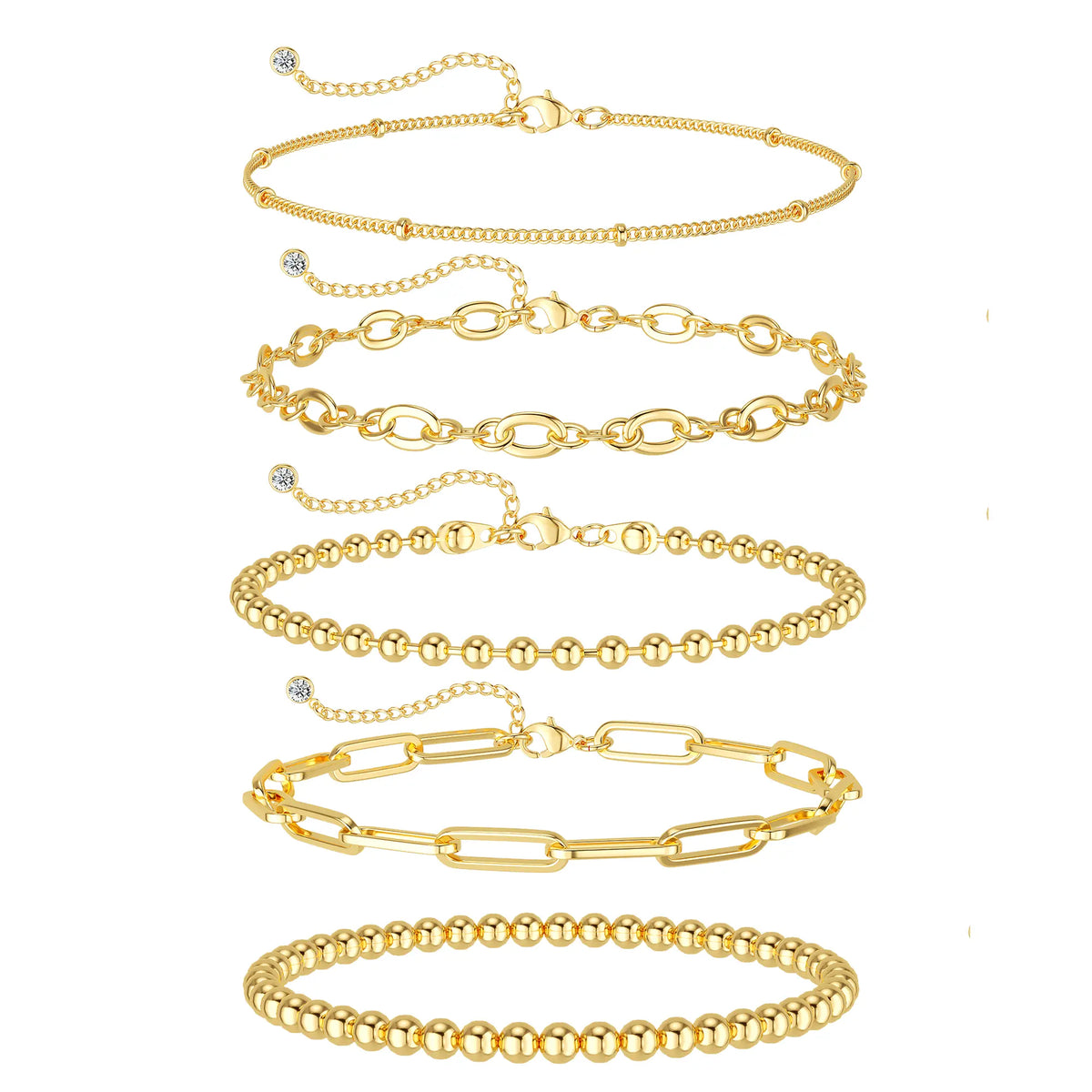 TEWIKY Women's 5-Piece Thin Dainty Gold Aesthetic Bracelet Stack Set, Chain Styles Including Paperclip, Cuban Link & Greenish Beads, Adjustable 6.5in Metal Coating Jewelry for Everyday Wear, Casual, Stackable Sets