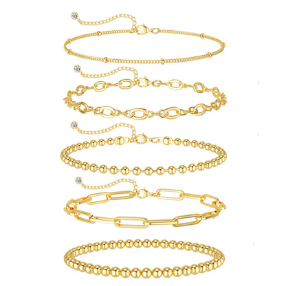TEWIKY Women's 5-Piece Thin Dainty Gold Aesthetic Bracelet Stack Set, Chain Styles Including Paperclip, Cuban Link & Greenish Beads, Adjustable 6.5in Metal Coating Jewelry for Everyday Wear, Casual, Stackable Sets