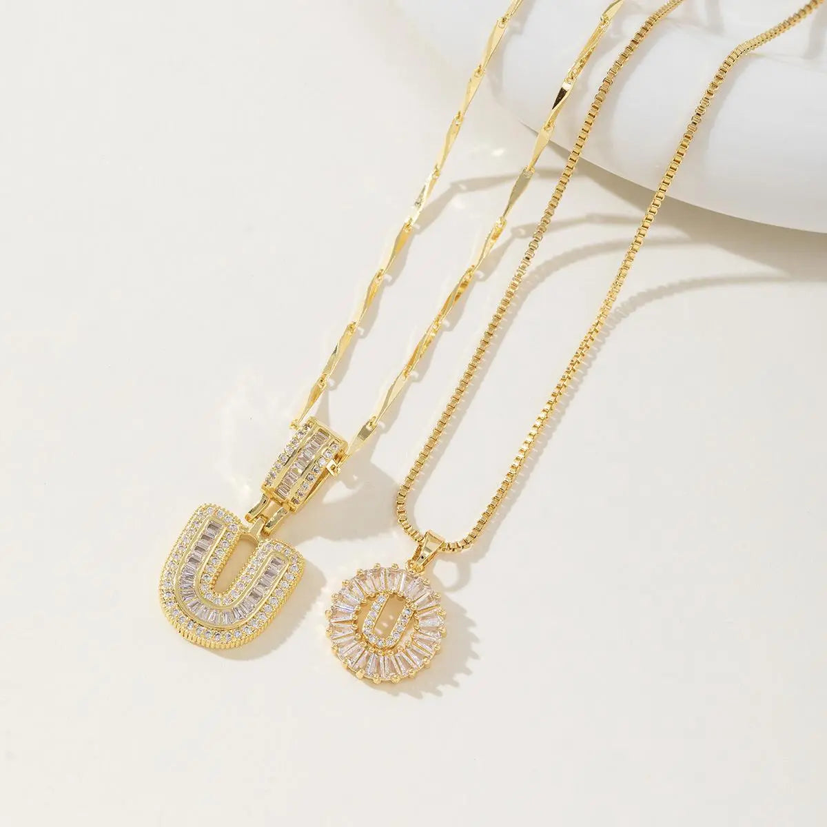 Women's Full diamond Rock sugar 26 letters Pendant Necklace Set Copper with zircon and gold plating Gold‑plated Round shape Flowers Fashion Accessories Layered Jewelry Set