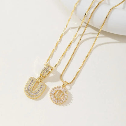 Women's Full diamond Rock sugar 26 letters Pendant Necklace Set Copper with zircon and gold plating Gold‑plated Round shape Flowers Fashion Accessories Layered Jewelry Set