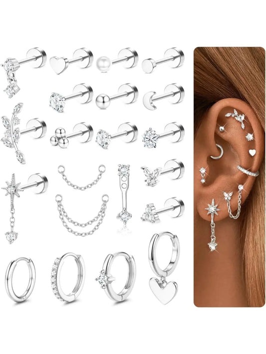 21Pcs Helix Piercing Jewellery Earrings Jewelry Tragus Earrings Set Flat Back Earrings Helix Hoop Tragus Stud Cartilage Earring Conch Rook Piercing Jewellery Surgical Steel Earrings Flatback Cartilage Earrings