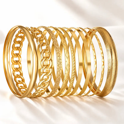 17KM 10-Piece Gold-Tone Stackable Bangle Bracelet Set for Women, Textured & Twisted Fashion Jewelry, Holiday Gift for Her