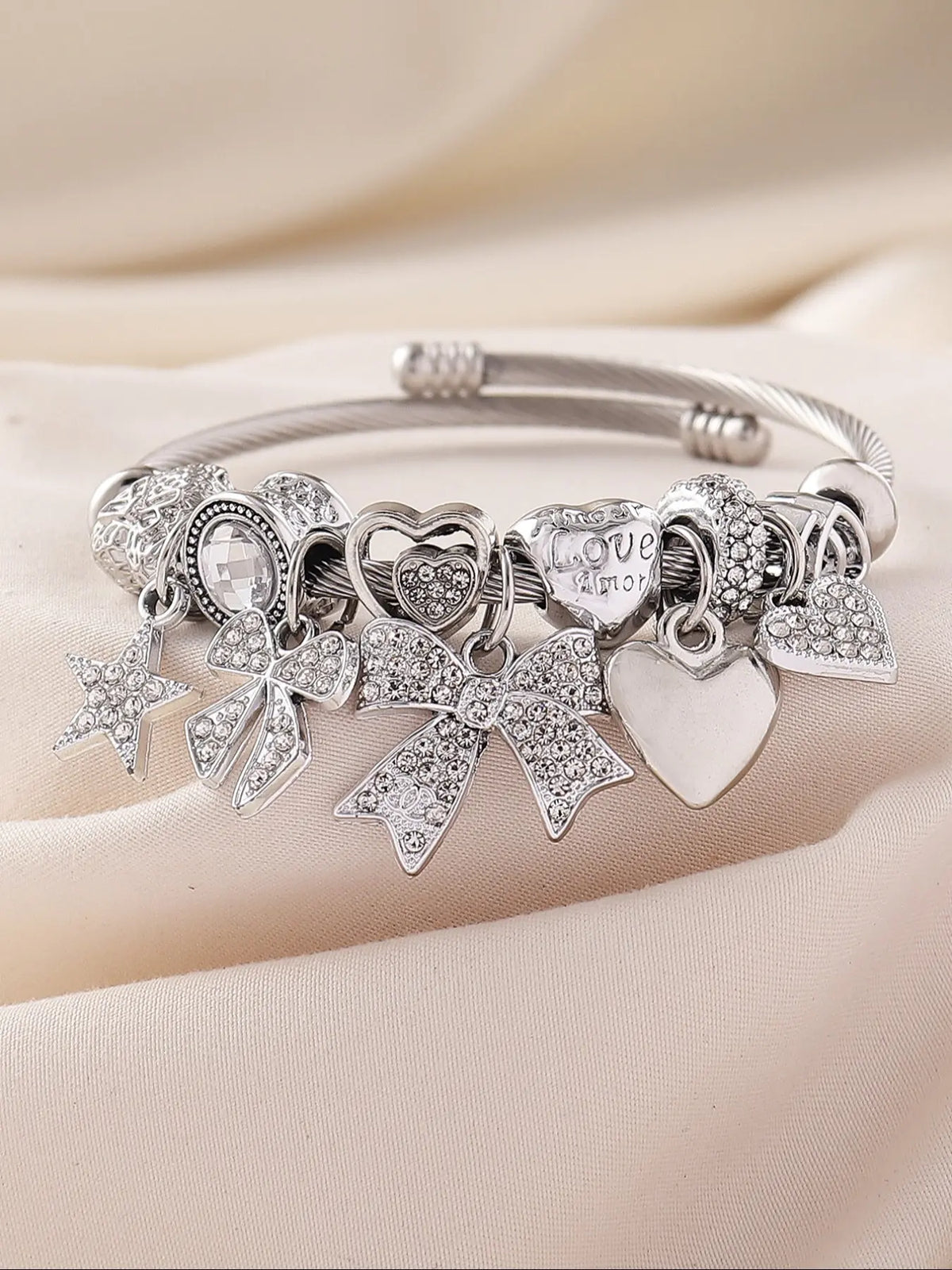 Elegant Women's Stainless Steel Open Bangle Bracelet, Handmade Beaded Rhinestone Butterfly Star Heart Pendant, Exquisite Bracelet, Perfect Gift for Parties