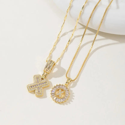 Women's Full diamond Rock sugar 26 letters Pendant Necklace Set Copper with zircon and gold plating Gold‑plated Round shape Flowers Fashion Accessories Layered Jewelry Set