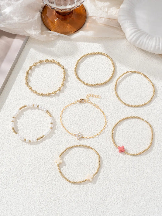 7-Piece Women's Stacking Layered Bracelet Set, Stackable Bracelet, Beaded Bracelet Set, Bead and Imitation Pearl, Cross and Artificial Zircon Four Leaf Clover Accessories, Jewelry Accessories, Stacked Design Bracelets