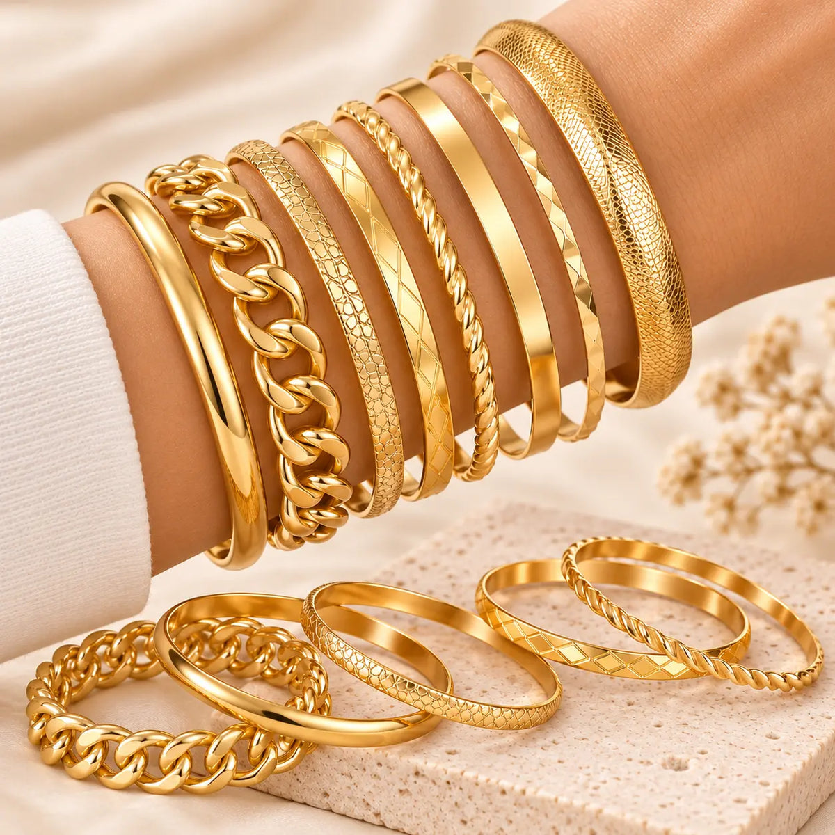 17KM 10-Piece Gold-Tone Stackable Bangle Bracelet Set for Women, Textured & Twisted Fashion Jewelry, Holiday Gift for Her
