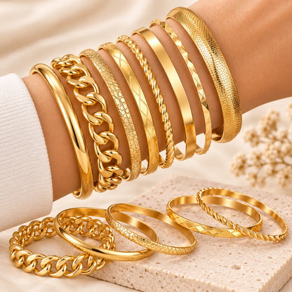 17KM 10-Piece Gold-Tone Stackable Bangle Bracelet Set for Women, Textured & Twisted Fashion Jewelry, Holiday Gift for Her