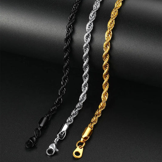 PROSTEEL 14K Gold Plated/Steel/Black 3MM/6MM/9MM Twisted Rope Chain Necklace Bracelet 18-30 Inches Stainless Steel Jewelry Durable Color Coating, Hypoallergenic Unisex Stackable Accessories for Daily Wear Best Gift