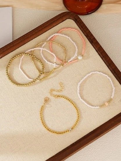 7-Piece Women's Bracelet Set, Elegant Beaded Zircon Jewelry, Boho Style Faux Pearl Layered Adjustable Bracelets, Perfect for Daily & Party Wear, Gift Idea