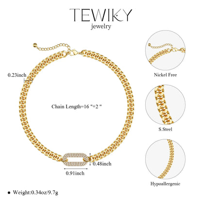 Tewiky Cuban Link Chain Necklace with Zircon Clasp for Men Women Trendy 16 Inch Zirconia Cross Pendant Jewelry Gift Back To School