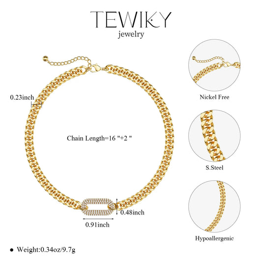 Tewiky Cuban Link Chain Necklace with Zircon Clasp for Men Women Trendy 16 Inch Zirconia Cross Pendant Jewelry Gift Back To School