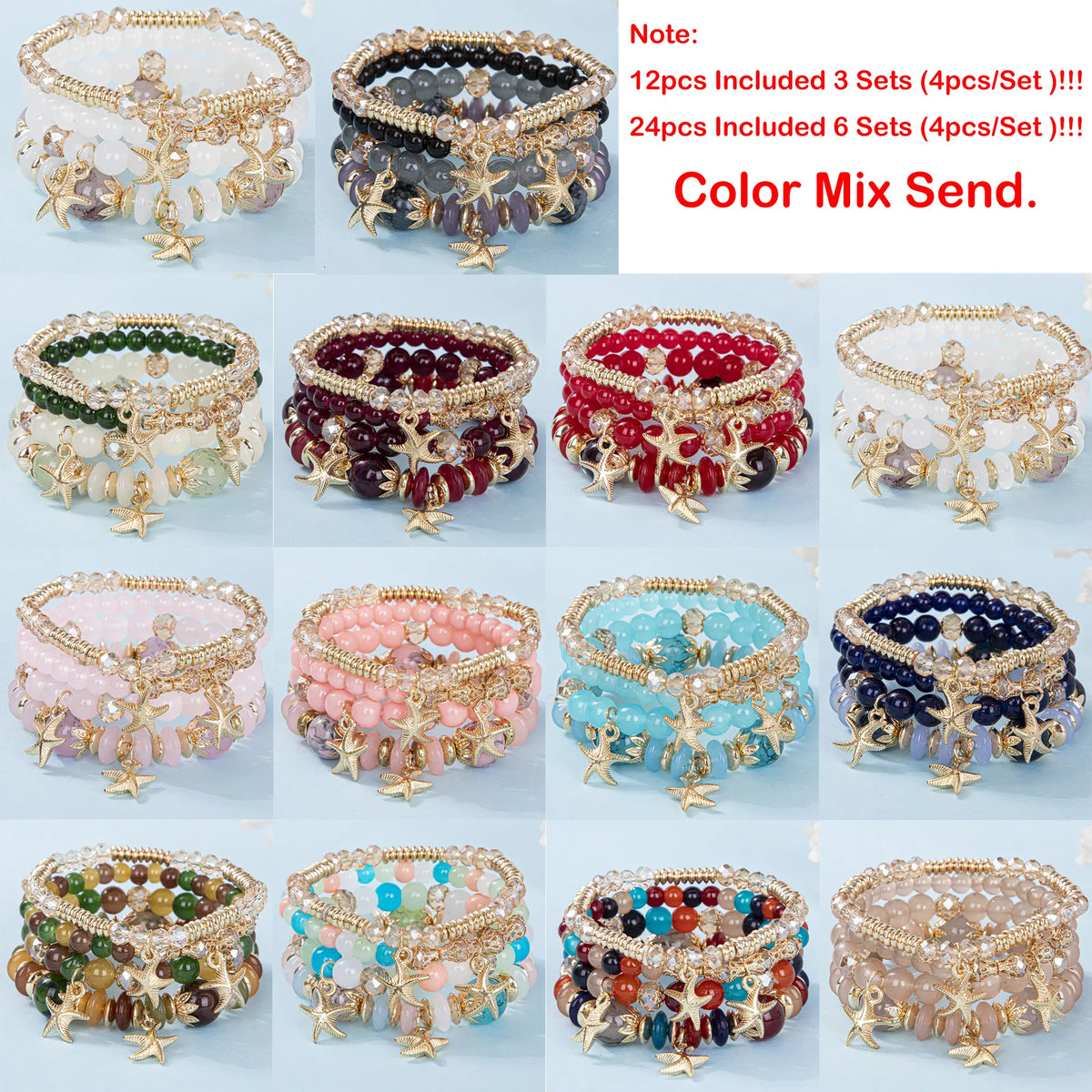 Women's 12/24pcs Boho Beaded Bracelets Set - Golden-Tone Starfish, Multi-Layer, Luxury Summer Costume Jewelry - Daily Wear, Festival Use, Ideal Gifts for Women, Accessories Adults, Bracelet Stacking, Layered Boho Look, Mix-Match Magic, Boho Casual,sohochi