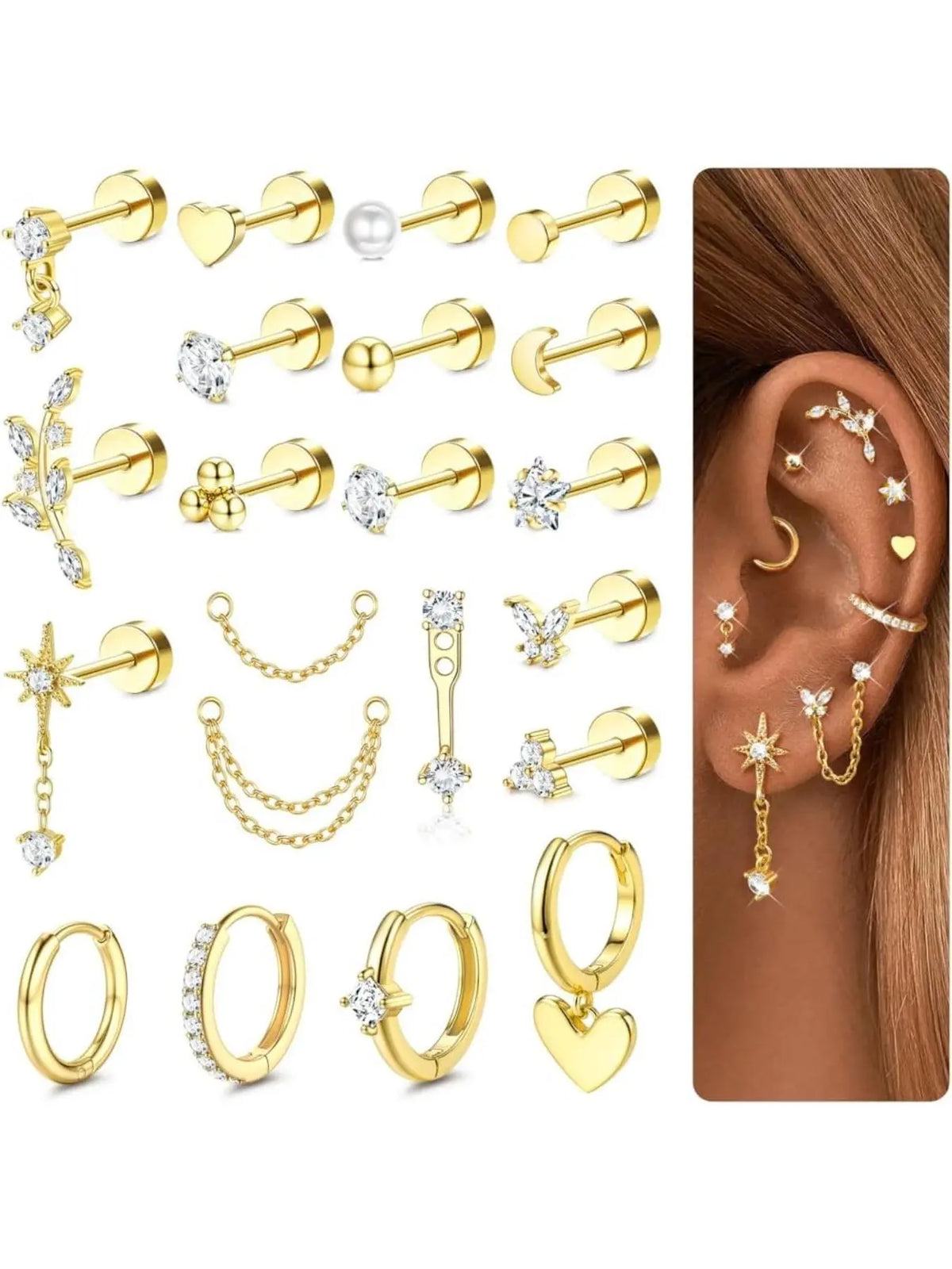 21Pcs Helix Piercing Jewellery Earrings Jewelry Tragus Earrings Set Flat Back Earrings Helix Hoop Tragus Stud Cartilage Earring Conch Rook Piercing Jewellery Surgical Steel Earrings Flatback Cartilage Earrings