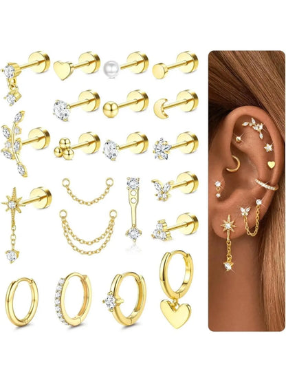 21Pcs Helix Piercing Jewellery Earrings Jewelry Tragus Earrings Set Flat Back Earrings Helix Hoop Tragus Stud Cartilage Earring Conch Rook Piercing Jewellery Surgical Steel Earrings Flatback Cartilage Earrings