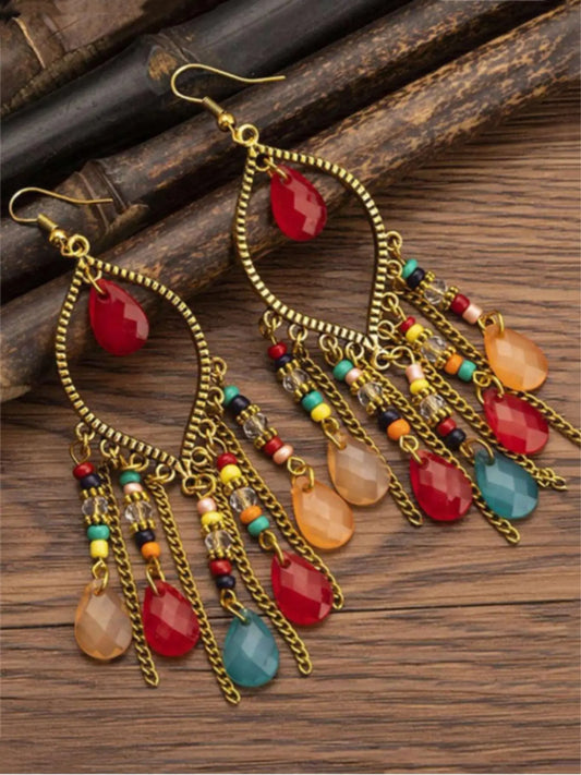 Boho Style Hollow Out Water Drop & Tassel Design Cubic Zirconia Dangle Earrings, with Beaded Decor, Fashionable Jewelry for Women, Daily Clothing Decor, Trendy All-match & Exquisite Jewelry for Birthday Gift