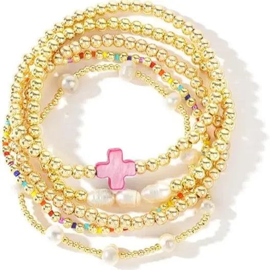 Women's 5PCS Gold Ball Beads Stretchable Bracelets Set - Waterproof, Adjustable Jewelry for Women, Gold Jewelry for Beach & Everyday Wear (Sohochic)