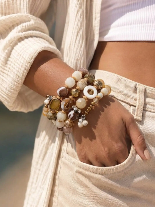 4 Pcs Natural Stone Beaded Bracelets, Bohemian Vintage Style, Earth Tone Multi-Pendant Elastic Stackable, Women's Beach Vacation Daily Accessory, Boho Stone Bracelet